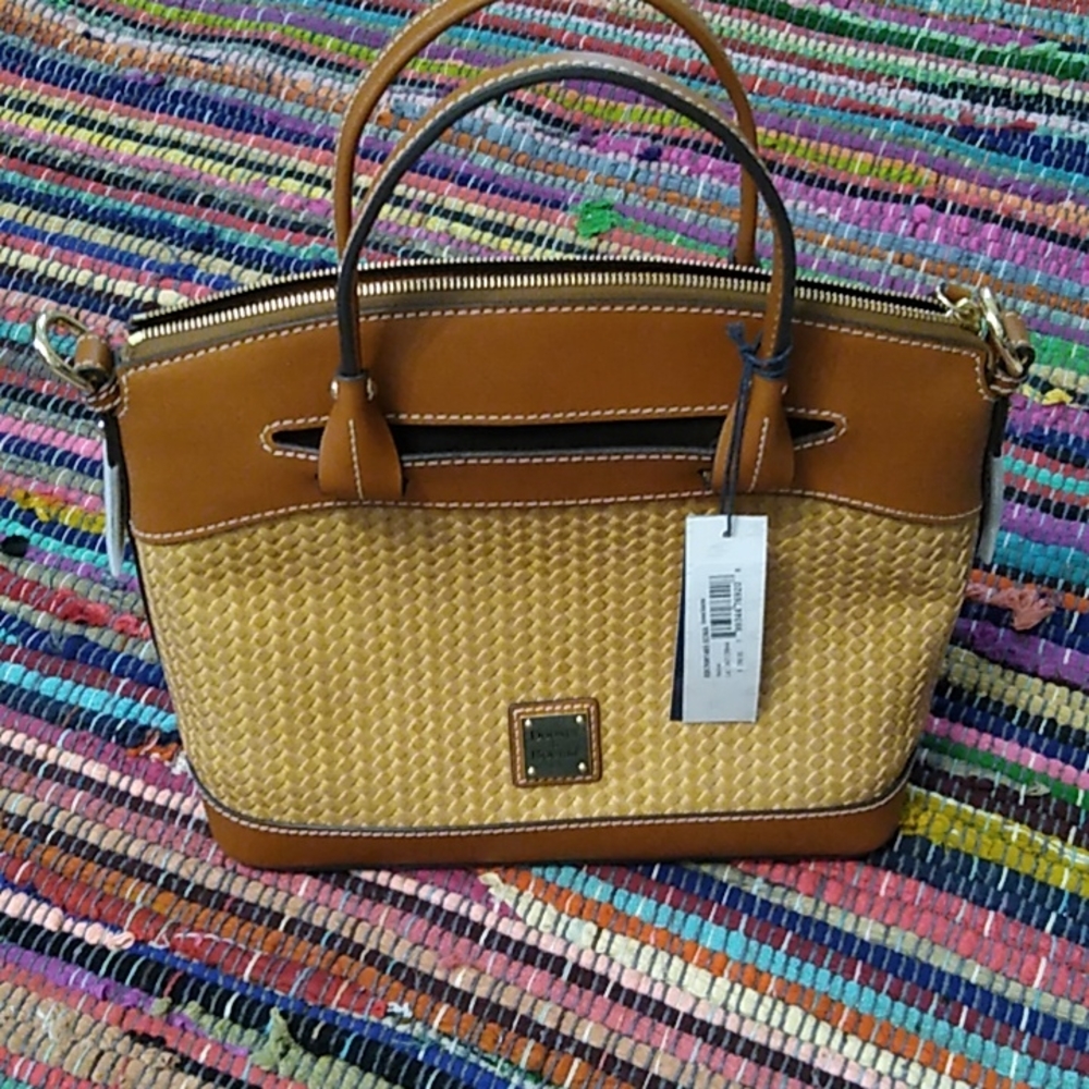 NWT Dooney and Bourke Beacon Woven Domed Satchel Embossed Leather Natural Brown - Picture 2 of 5